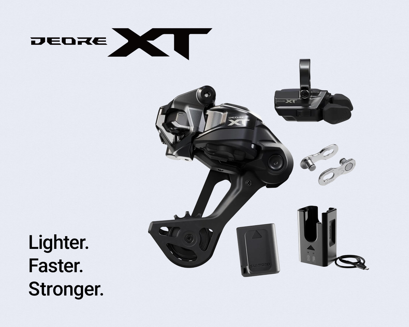Produktbild på uppgraderingskit med växelreglage, batteri och bakväxel från Shimano Deore XT